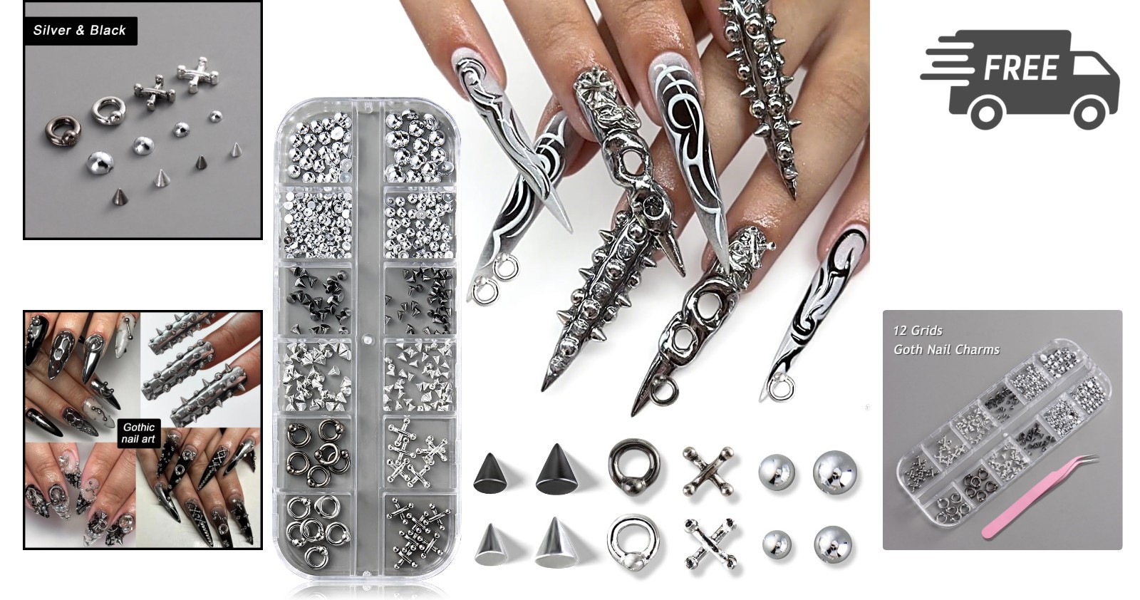 Goth Nail Charms 3D Triangle Spike Rivet Beads Metal Piercings for Nail Art