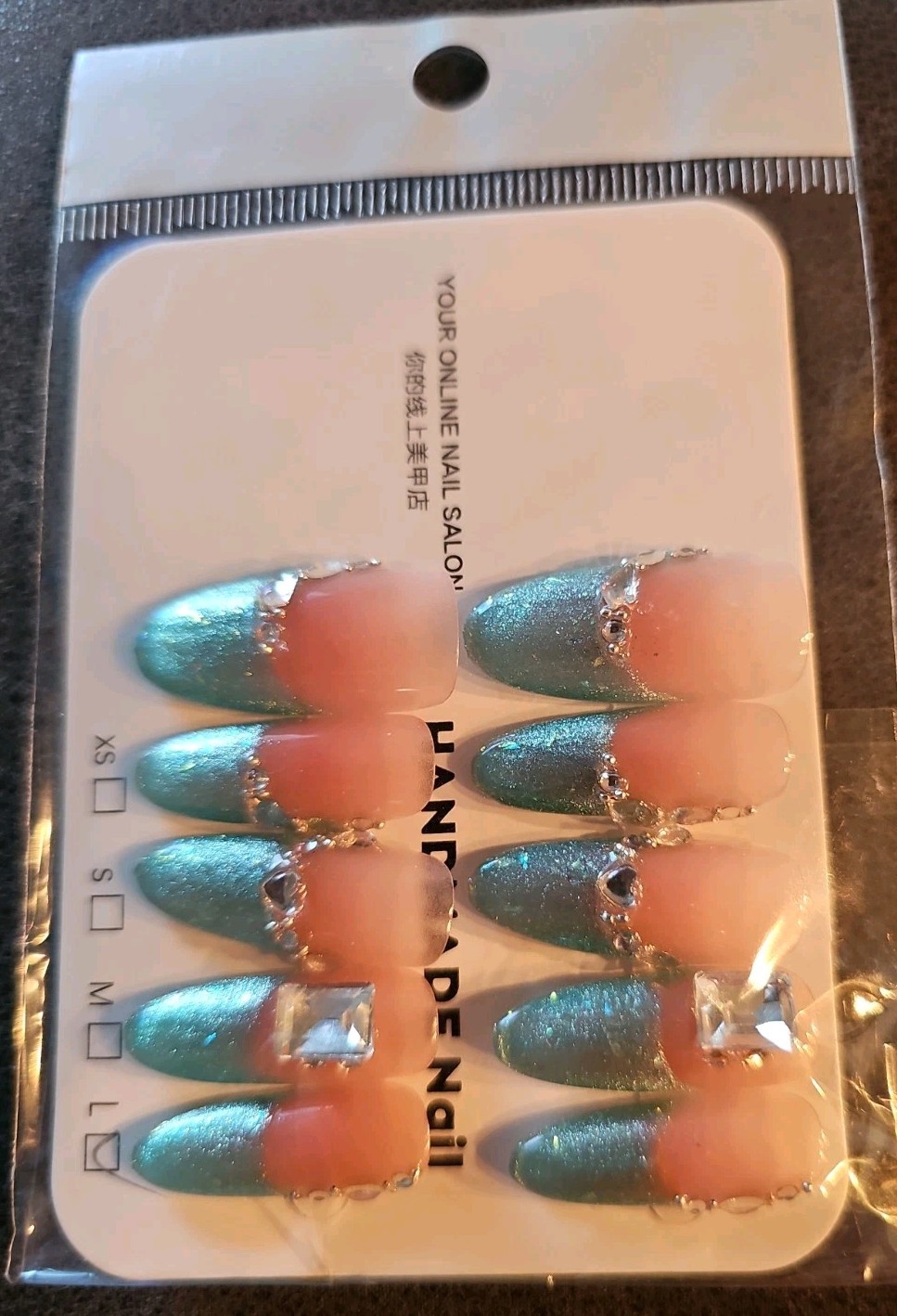 Teal French Tip Bling Gem Large Long Round Shape press on nails