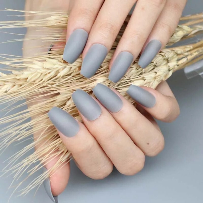 24 Matte Gray Press On Nails w/ Glue medium coffin grey unique