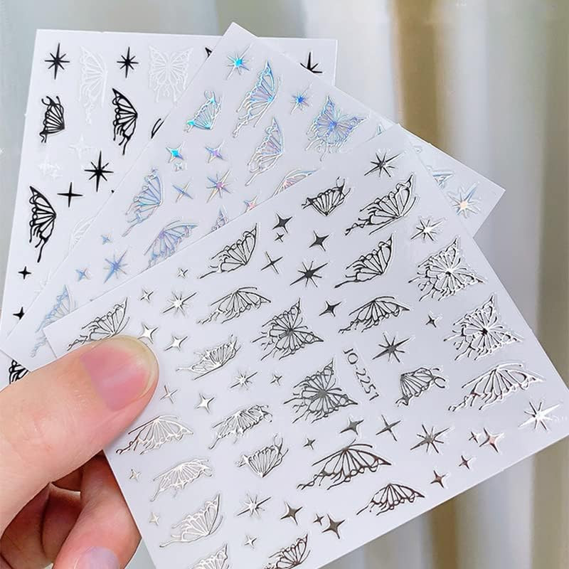 Butterfly Nail Art Sticker Decals, Laser Silver Black White Butterflies Nail Sel
