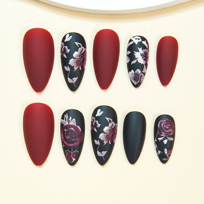 48PCS Oval Matte Black Rose Nail Press, Reusable Matte Rose Pattern Fake Nails
