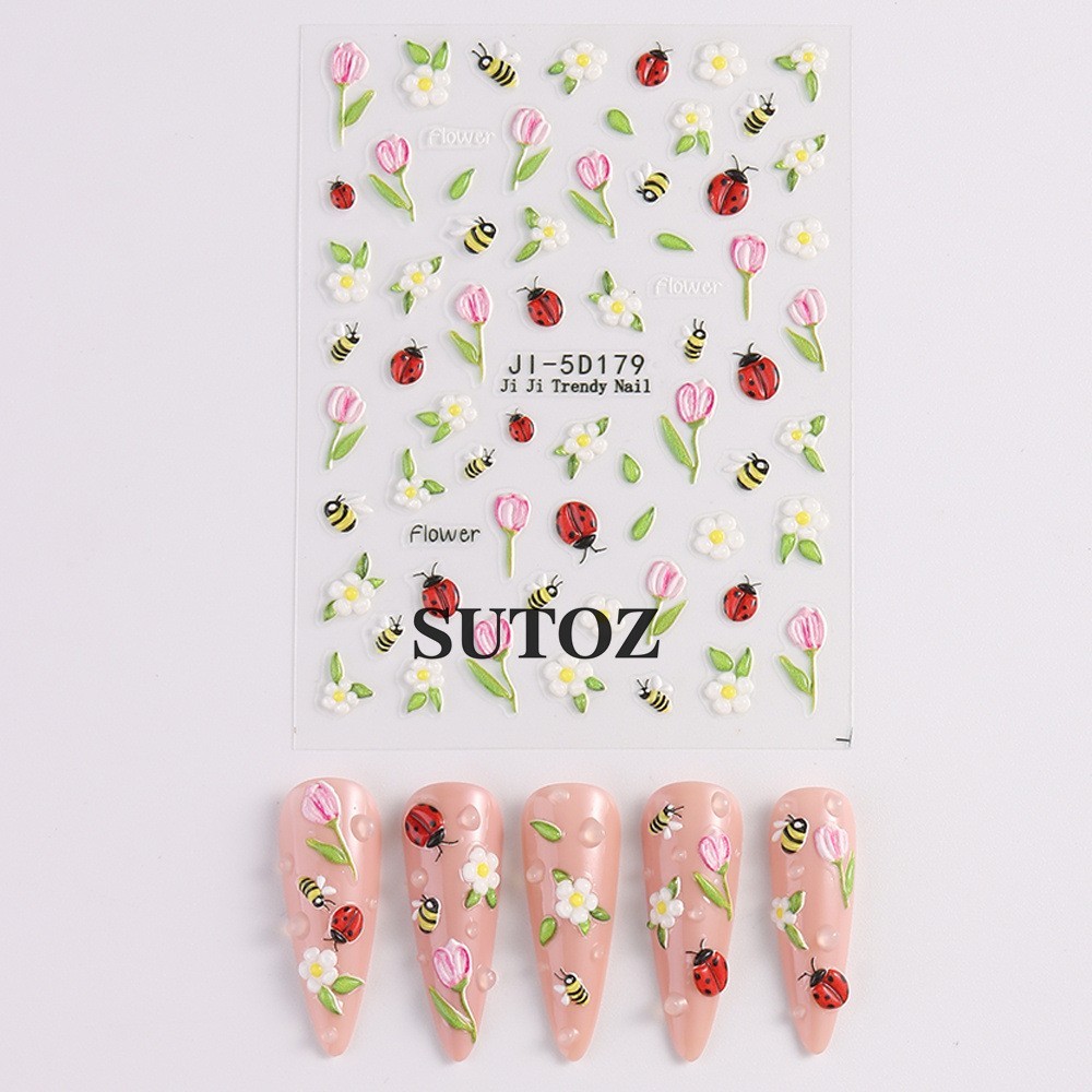 Ladybug Nail Art Stickers 3D Animal Bird Bee Decal Daisy Turnip Flower JI5D179