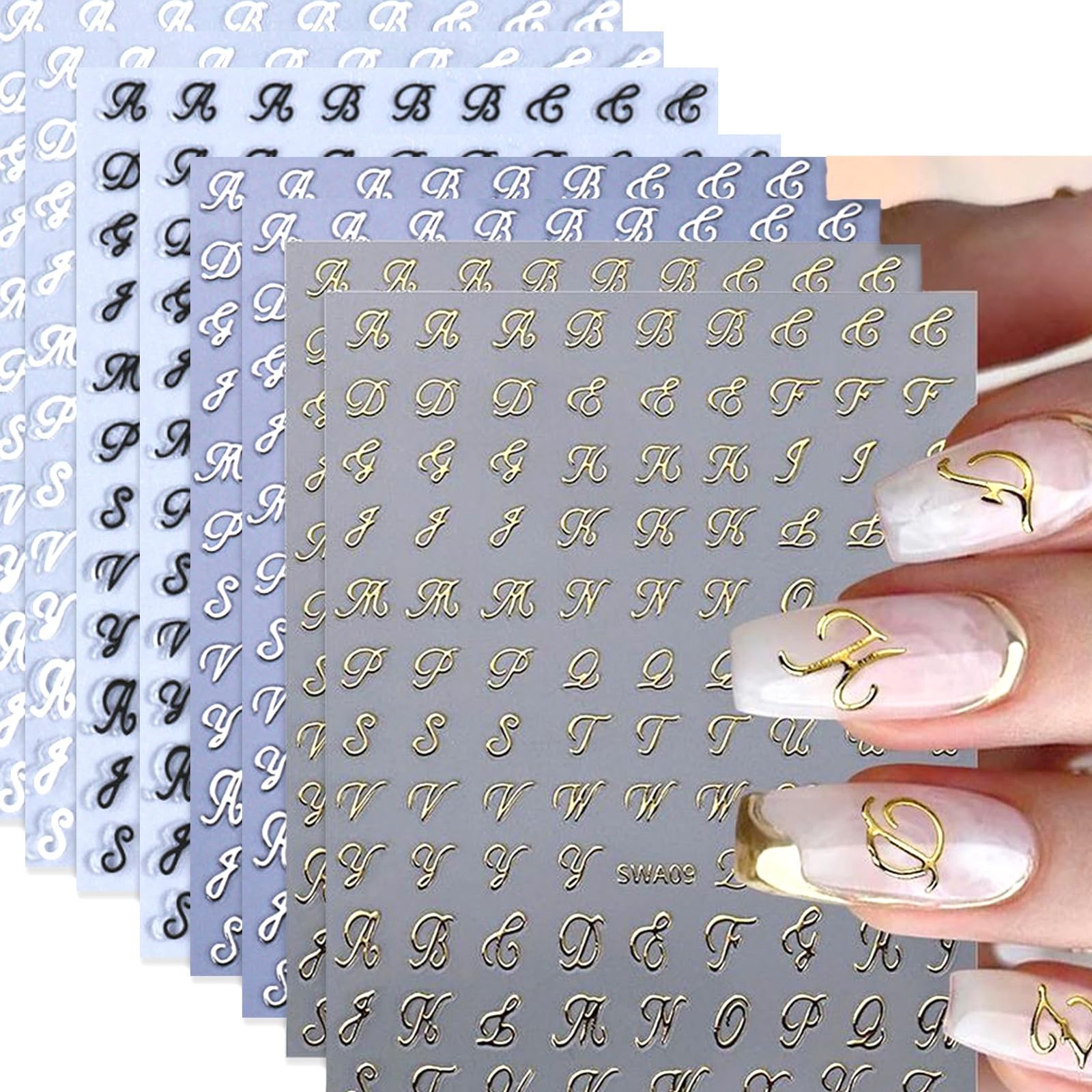 NOOEPC Letter Nail Stickers, 8 Sheets 3D Gold, Silver, Black and White
