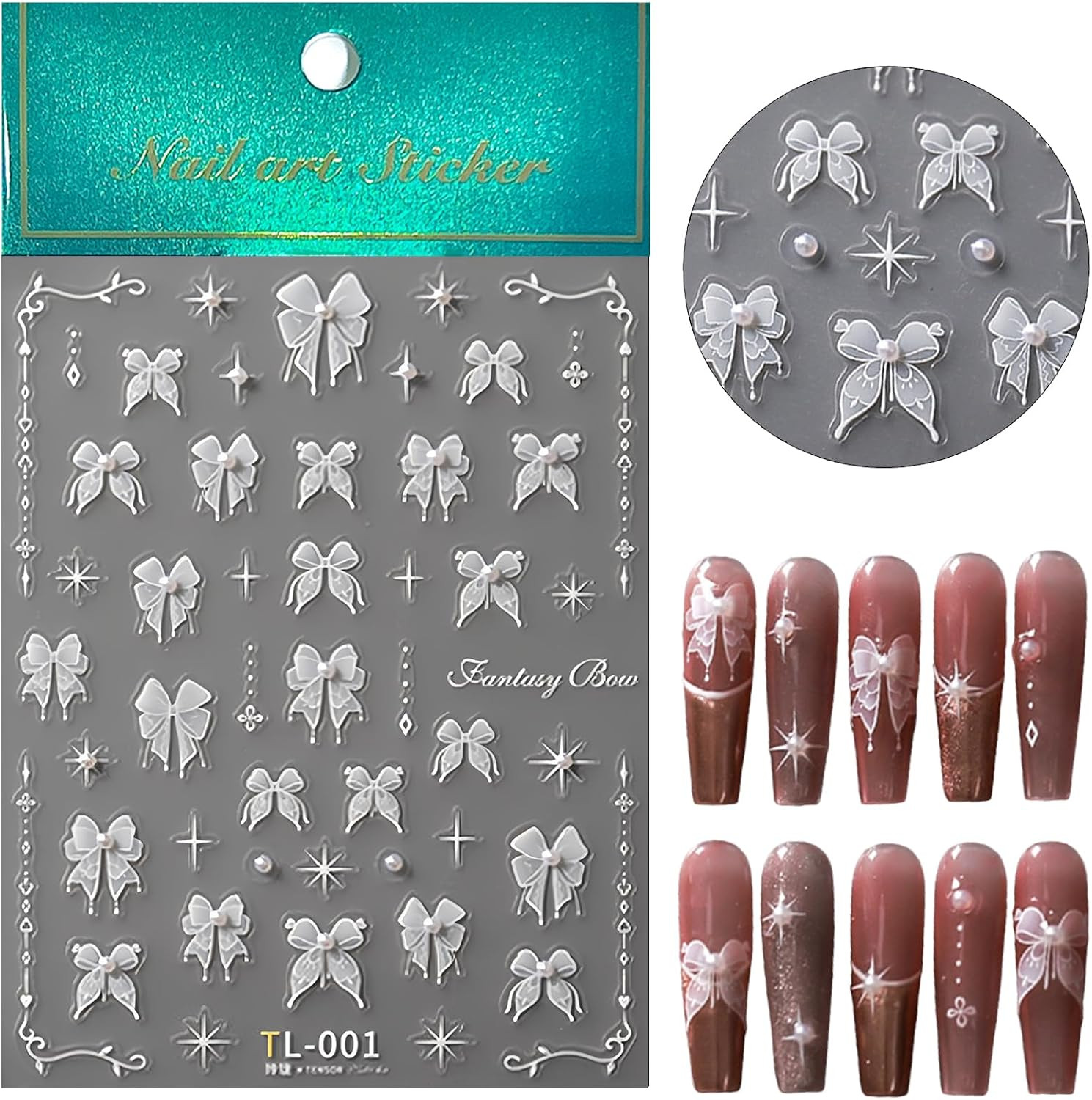 1 Sheet Lace Pearl Bow Nail Art Sticker 5D Embossed White Lace Pearl Bow Nail St