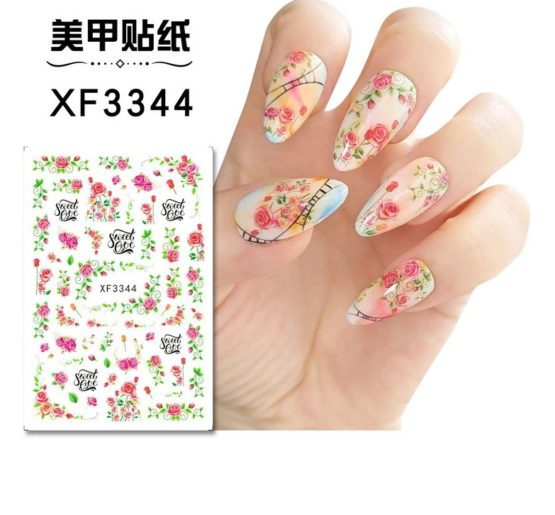 12Pcs Nail Stickers Waterproof Red Cherry Tulip Rose Decal Flower Peel Off NS36