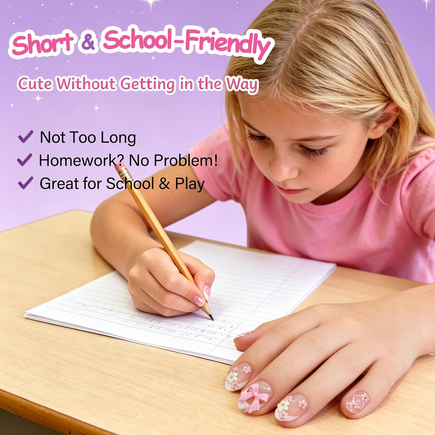 24Pcs Press on Nails for Kids, Trendy Ballet Bow & Flower for Girls 8-12 | Almon