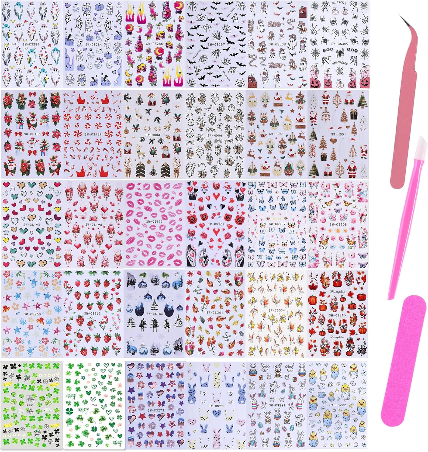 Holiday Nail Art Stickers Decals 30 Sheets 3D Seasonal Stickers for Nails with T