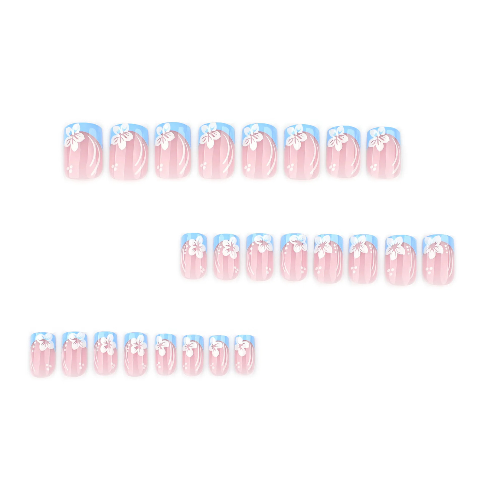 24pcs Spring White Flower Blue French Square Press On Nails