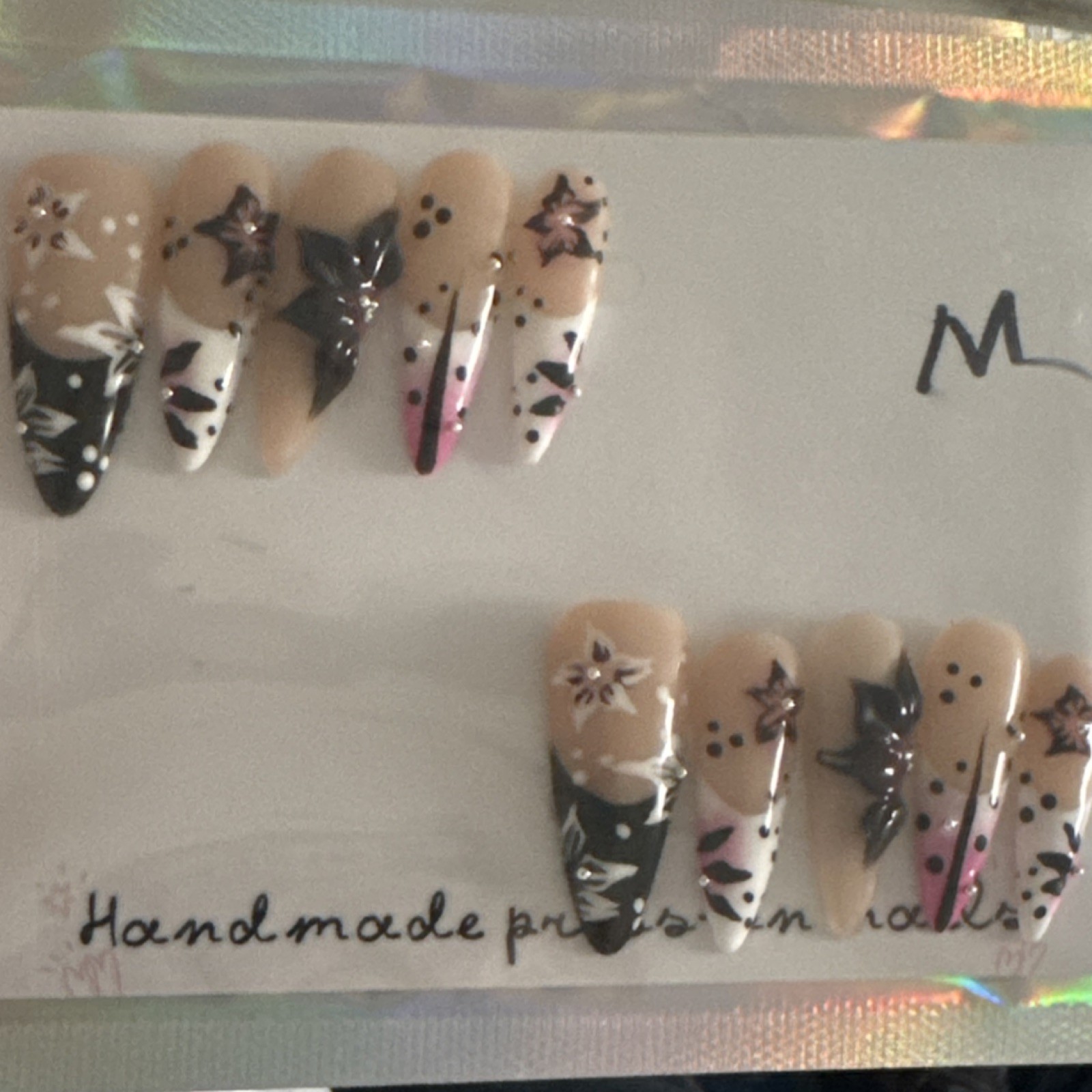 3D Floral Nude White Black Burgundy Long Stiletto Press-On Nails Acrylic Set