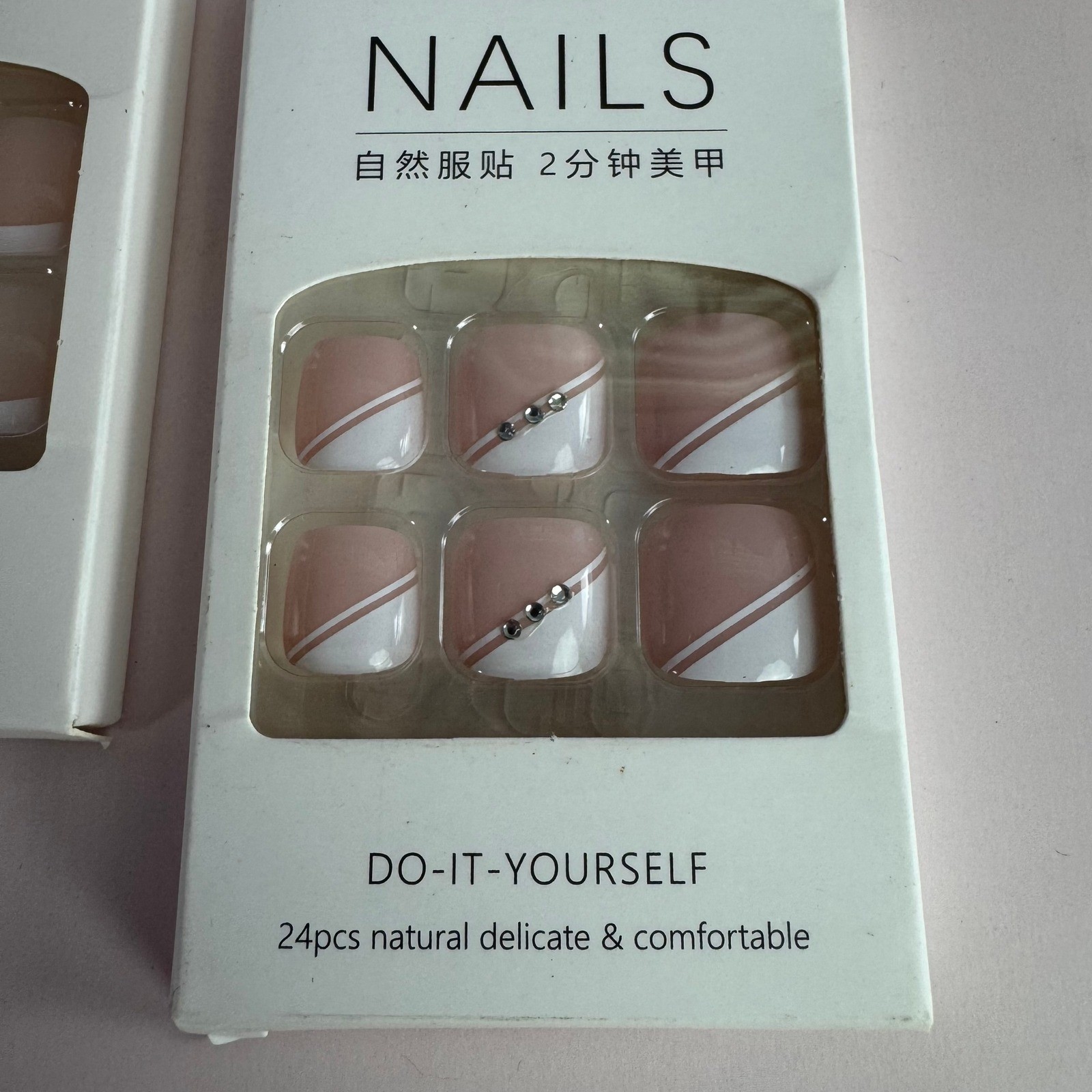 Lot of 2 Press On Toenails French Tip and Rhinestone Mauve DIY Pedicure Kits NIB