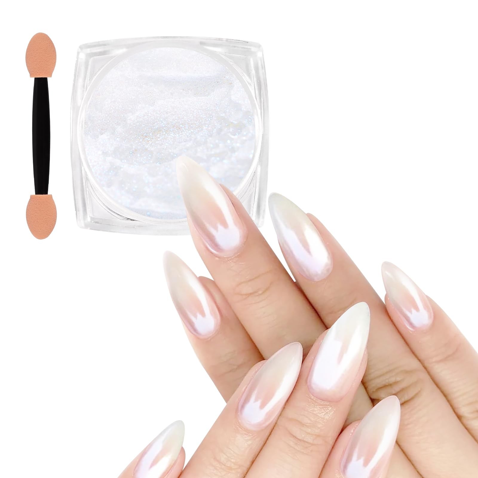 Allstarry White Pearl Chrome Nail Powder, Iridescent Aurora Powder A-Pearl