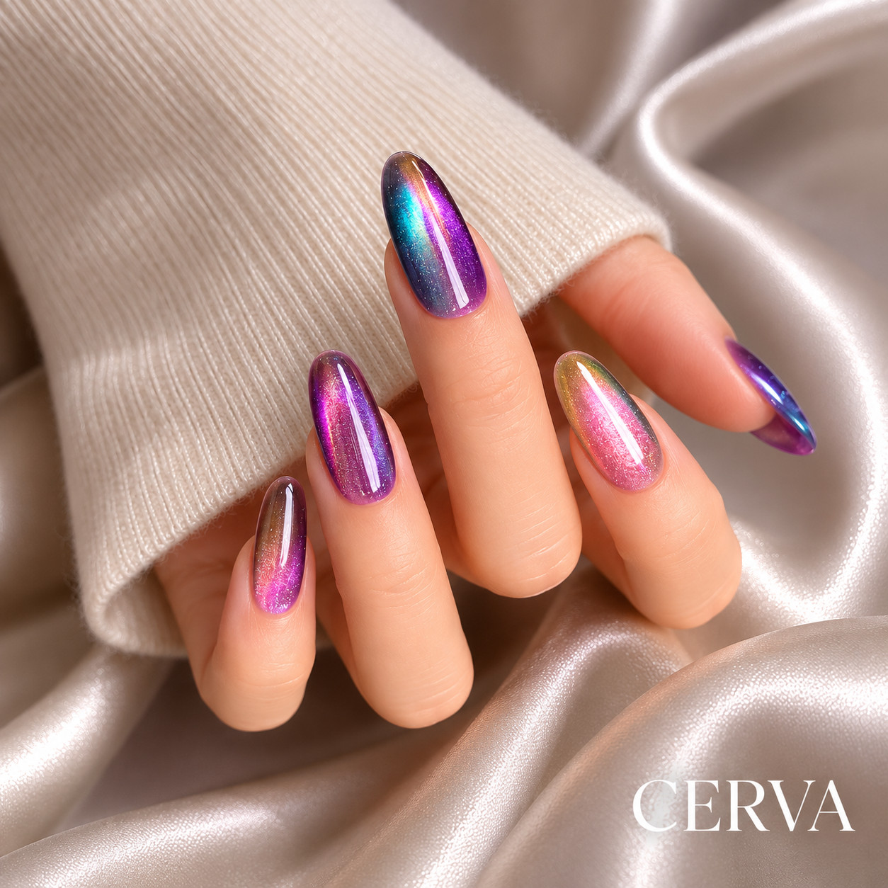 CERVA Aurora Cat Eye Press On Nails Handmade Reusable Galaxy Chrome Nails Luxury