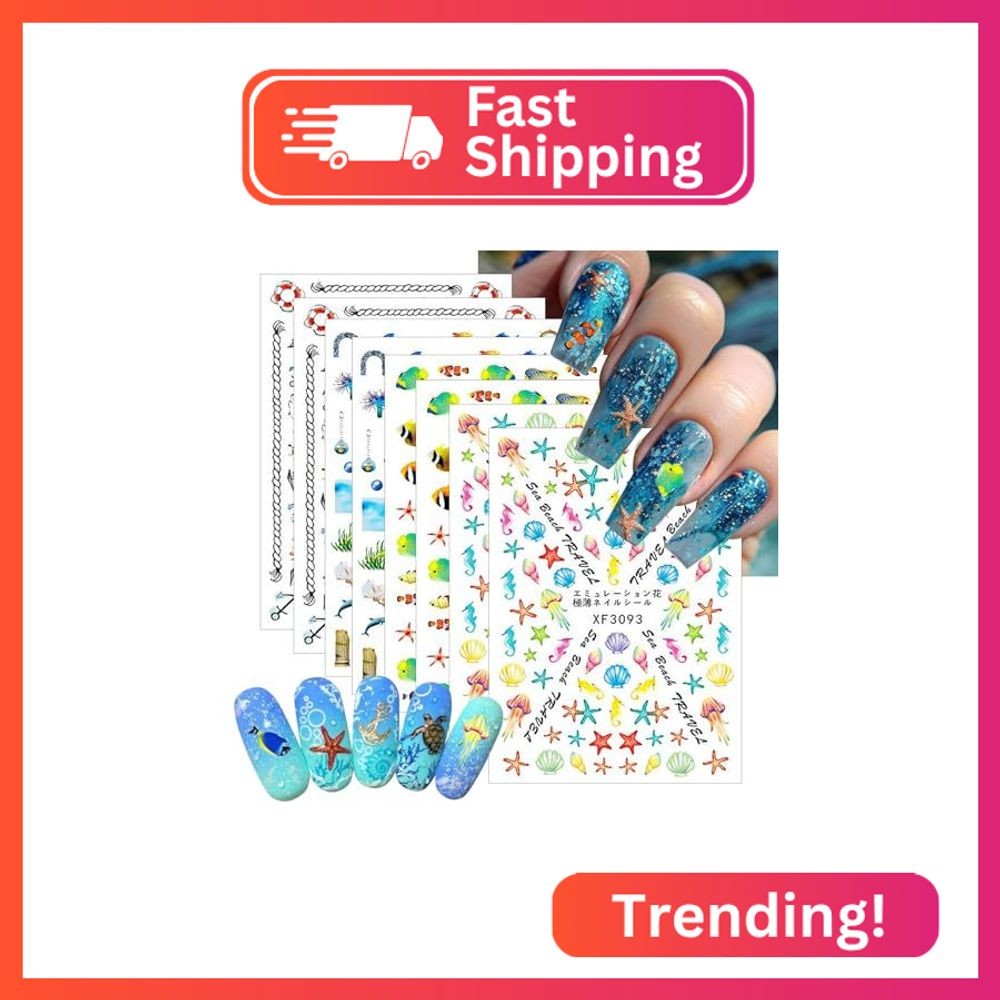 8 Sheets Summer Ocean Nail Art Stickers 3D Self-Adhesive Starfish Seashell Nail