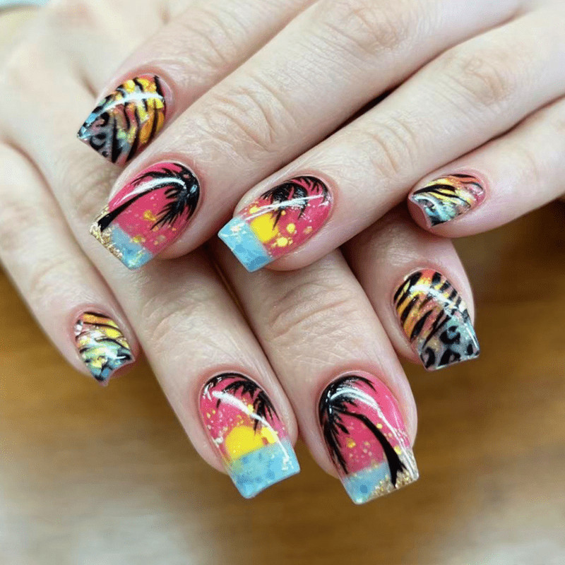 48P-Tropical Sunset Palm Tree Press on Nails Short Square Nail Art Set Handmade