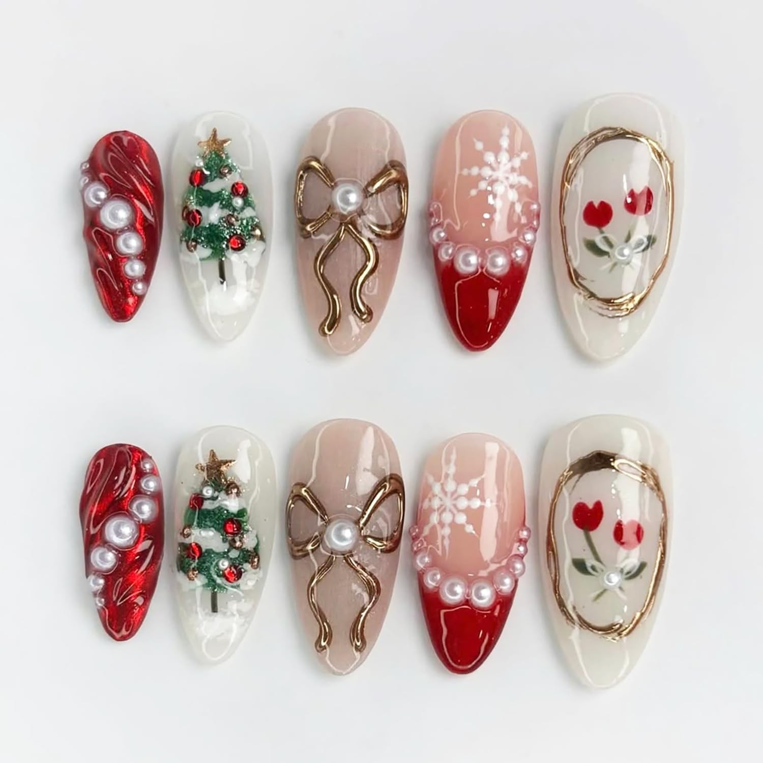 30Pcs Christmas Press on Nails Medium Almond Fake Red French Multicolor