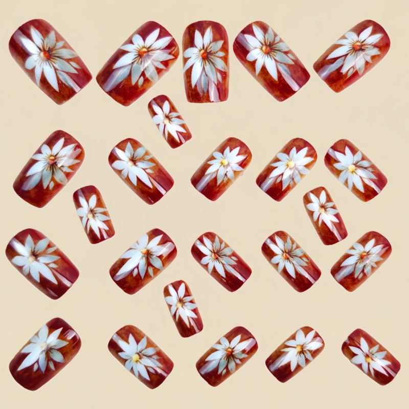 48 Pcs of Brown Flower Medium Long European Square Nail Patch,suitable for Women