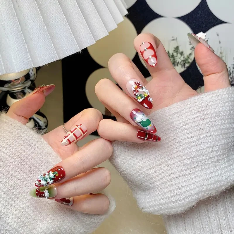 Christmas Style Elegant Press on Nails Red Green Shiny Diamond Bell Snowflake De