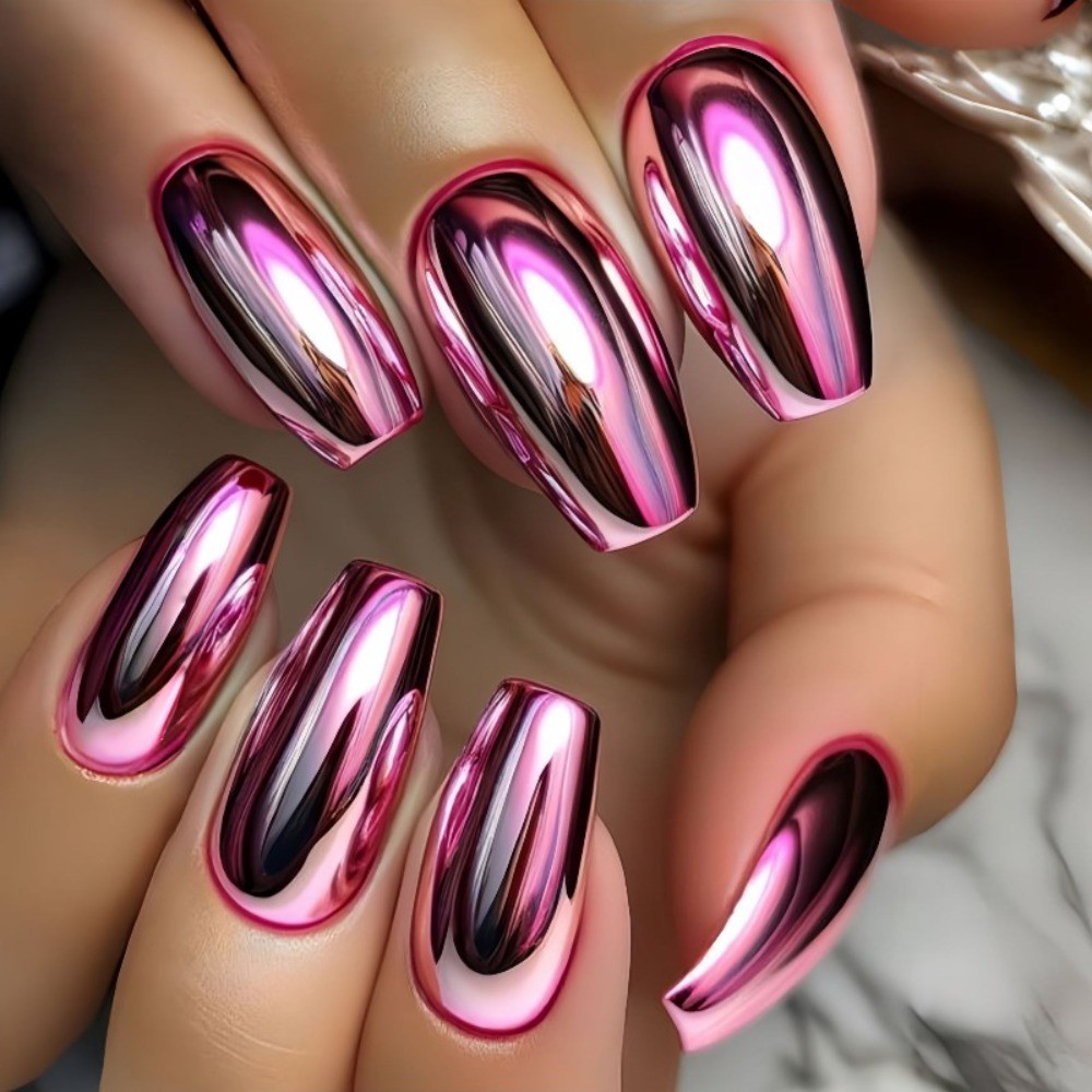 24pcs Nude Pink Gradient Silvery Mirror Press-On Nails, Long Square Reusable