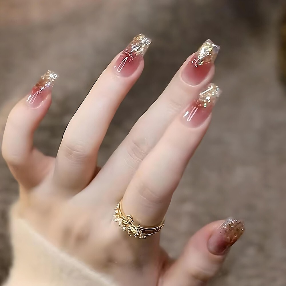 Hand-made UV Gel – Icy Blush Champagne Rhinestone – Removable Nail Patch Set