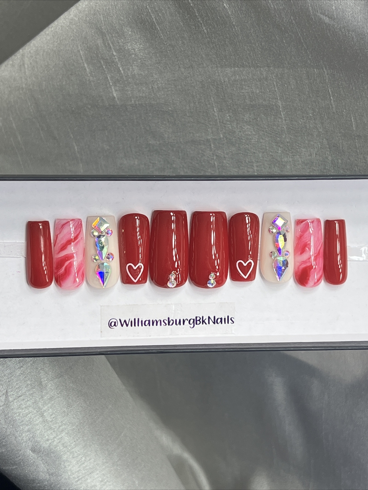 🔥 CUSTOM Gel Press On Nails, RED HEART W BLING 10p FULL SET W Kit