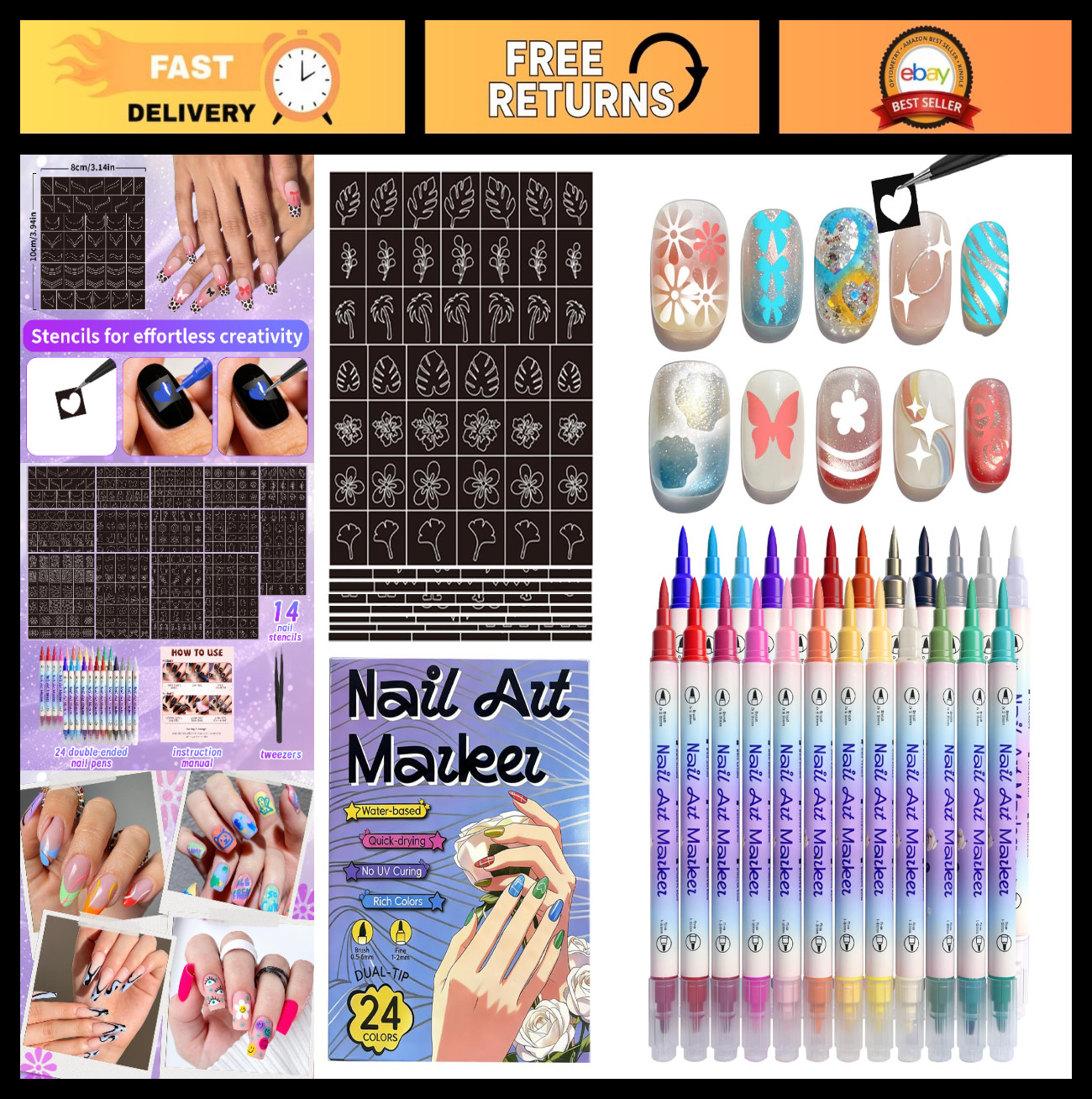 24-Color Nail Art Marker Pens Set with Dual Tips & 14 Stencils – Quick-Dry DIY T