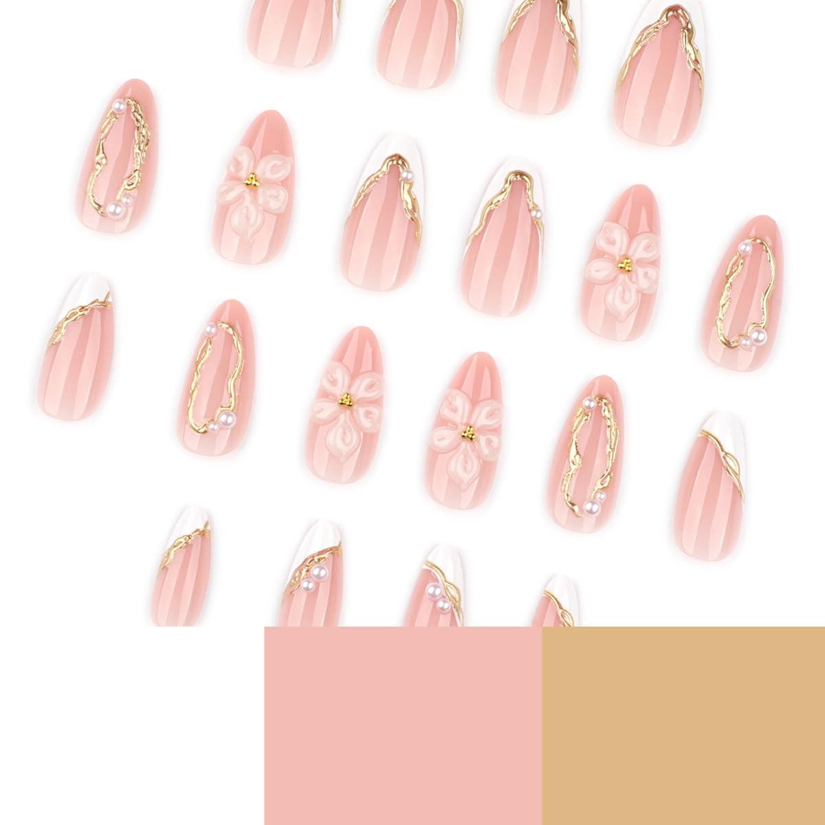 White and Gold Press On Nails – 3D Flower & Gold Lines & Pearls Design