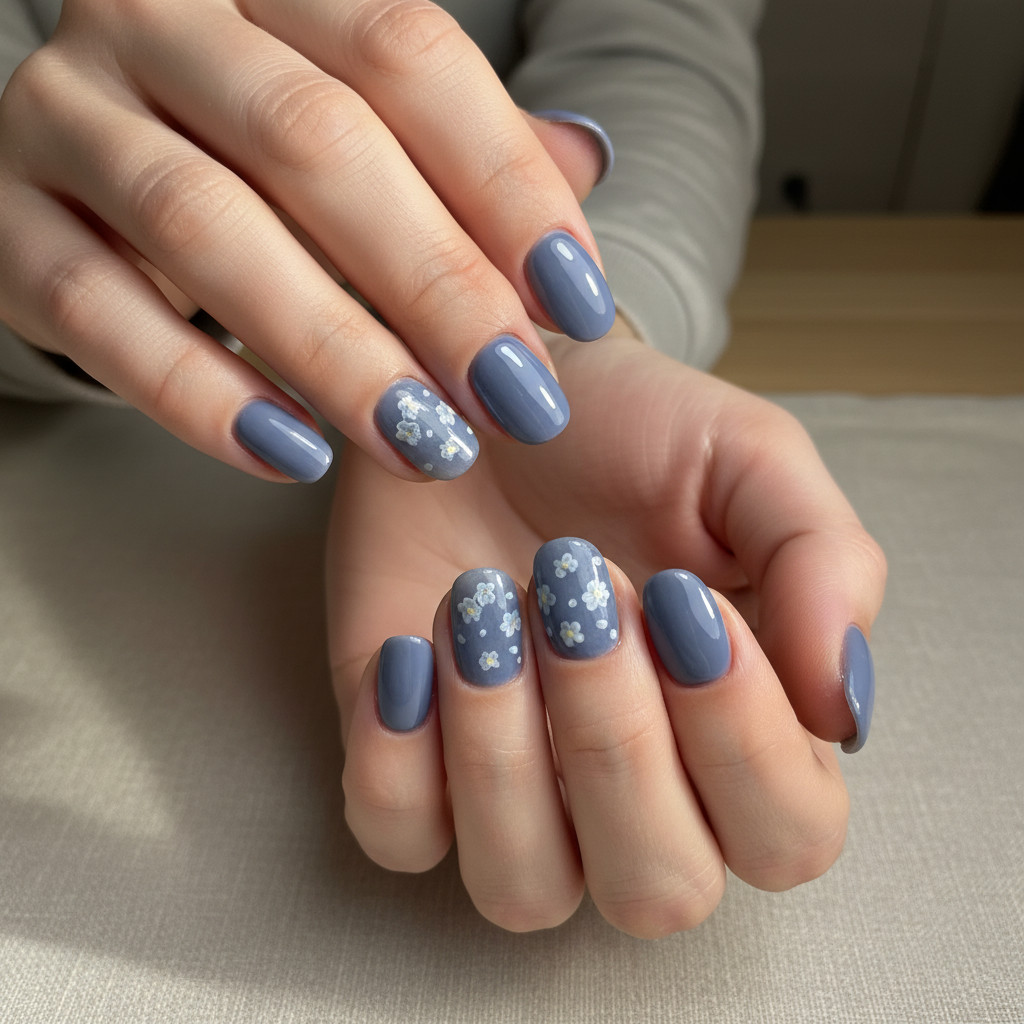 MIMO Press-On Nails Square Denim Blue Ombre with White Floral Accents, 24pCS