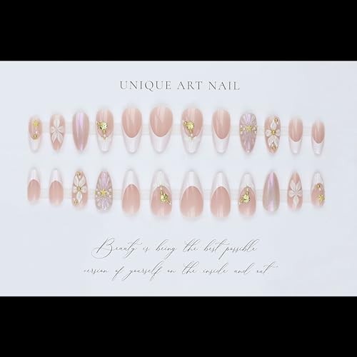 3D Press on Nails Almond Medium Length Embossed Flower Fake Nails with style-23
