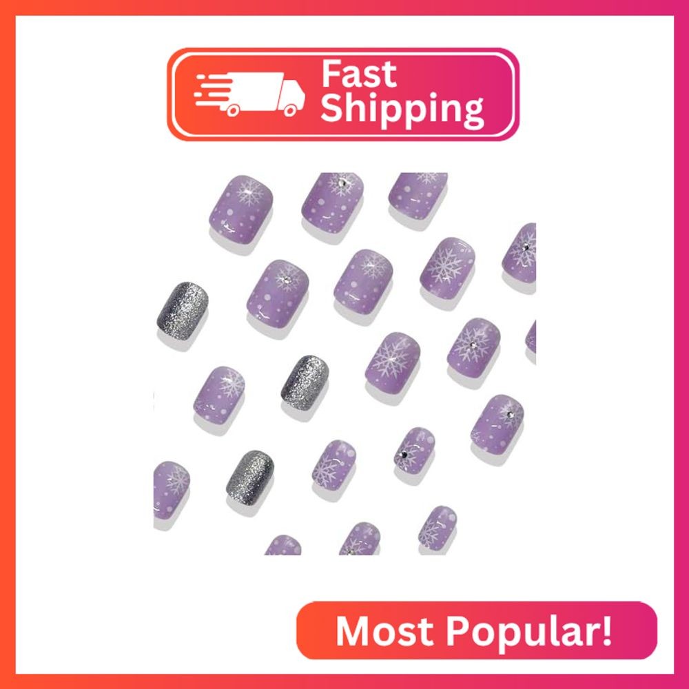 Christmas Snowflake Press on Nails Short Square Christmas Fake Nails Purple Glos
