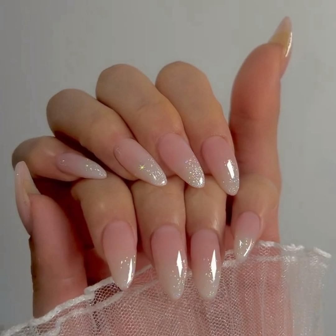 Glitter Ombre Pink Press on Nails Almond Shaped Nails Press ons, Medium Fake …