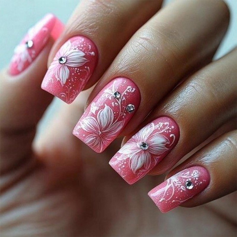 48 Pieces of Pink Flower Spring Medium Long European Square Fake Nail Art