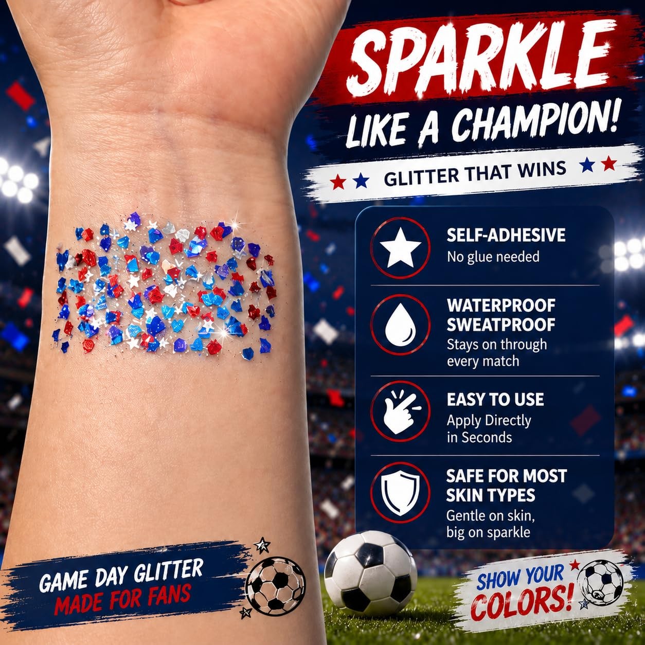 Red White Blue Glitter Stick for Hair Body, Waterproof Patriotic Glitter with…