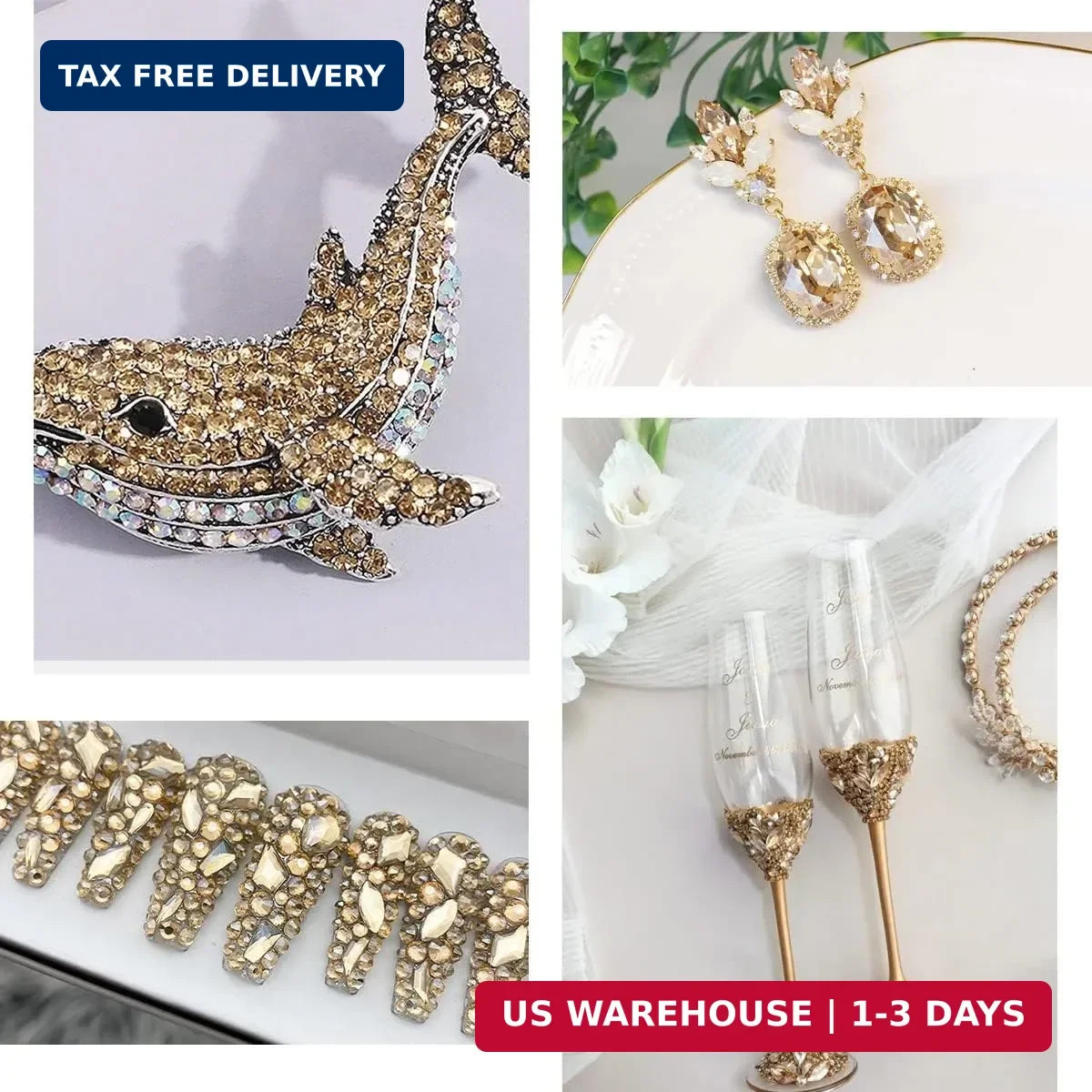 qiipii 2052Pcs Golden Rhinestones for Nails 72pcs Multi Shapes Crystal Flatback