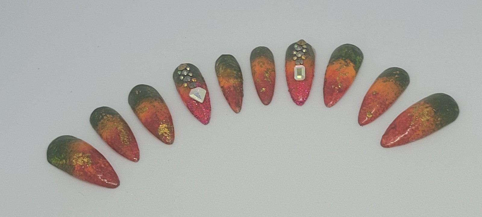 KFN ​Press On Nails| Rasta Ombre Almond Gel Glass Finish Gold Swarovski Design