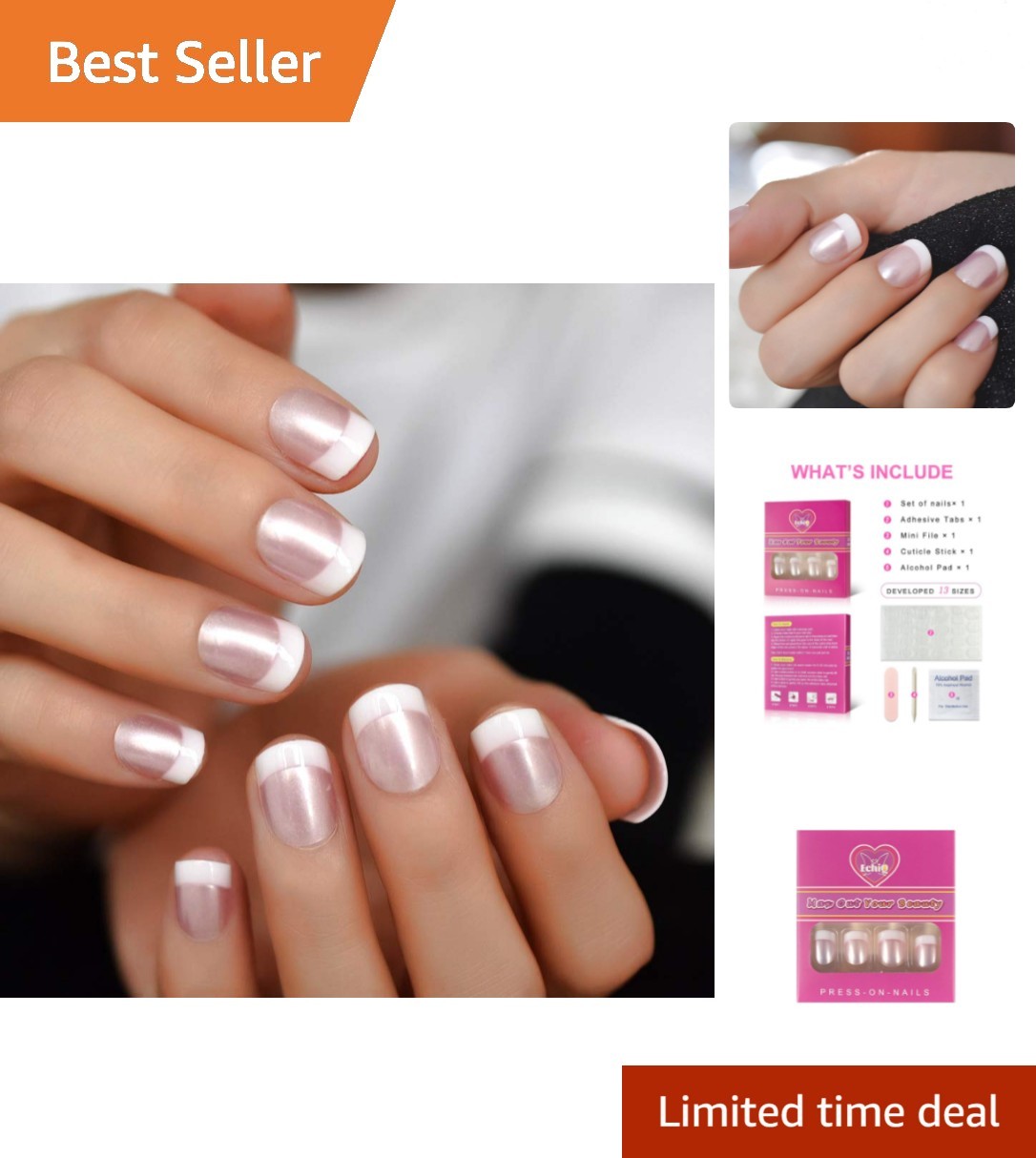 Acrylic Press On Nails – Pearl Shine Pink French Design for Effortless Glam