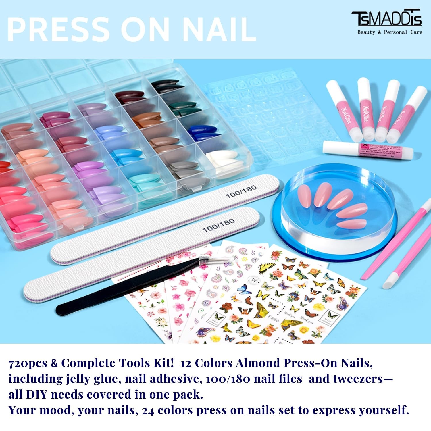TsMADDTs Press On Nails Almond, 24 Colors 720 pcs Short Fake Nails for Women