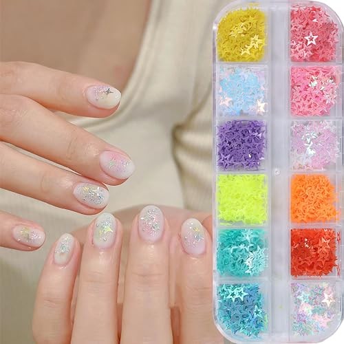 Hollow Stars Nail Art Sequins, 3D Colorful Hollow Five-Pointed Star Nail