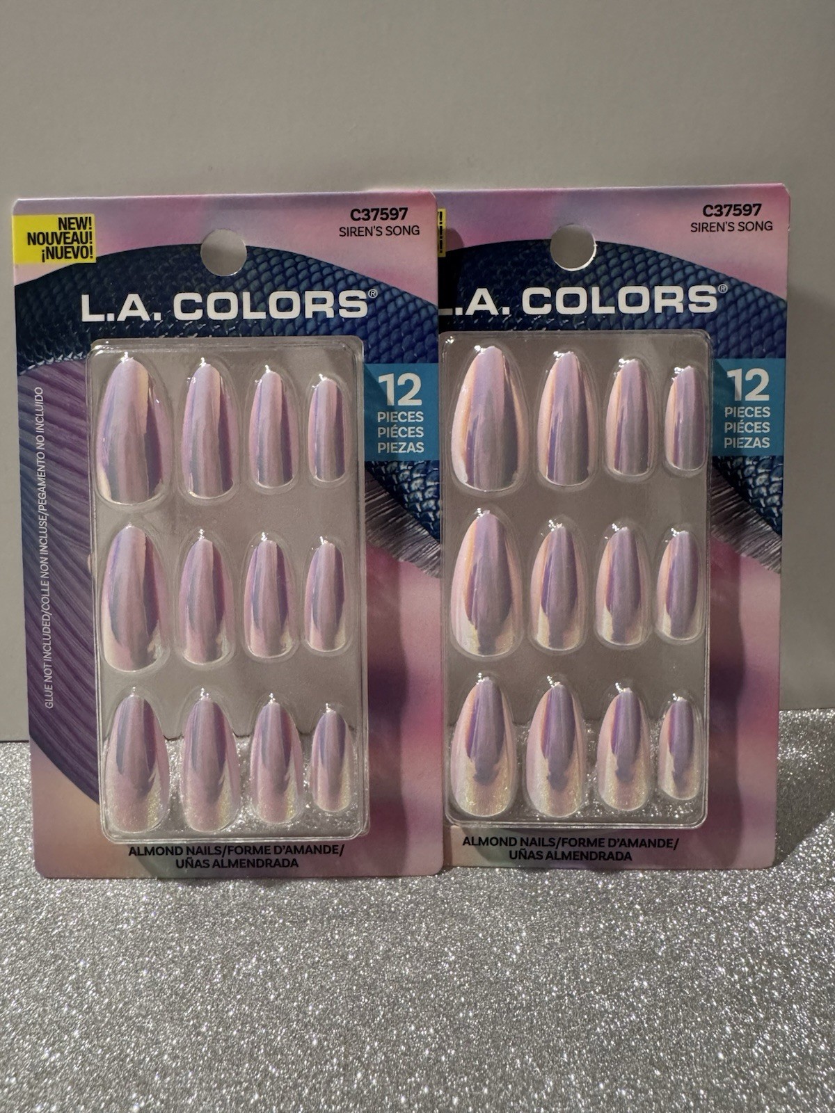 2x Chrome Pink Long Almond Shape Nails L.A. Colors Press-On Nail Set 12 Pcs 2 Pk