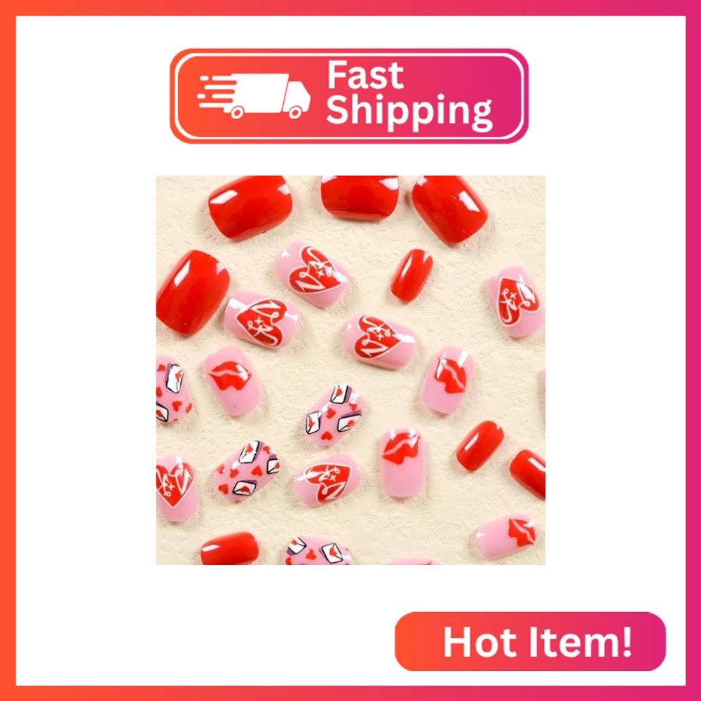 LBPEPAMZ Valentine’s Day Press on Nails Short Round Fake Nails with Love Heart D
