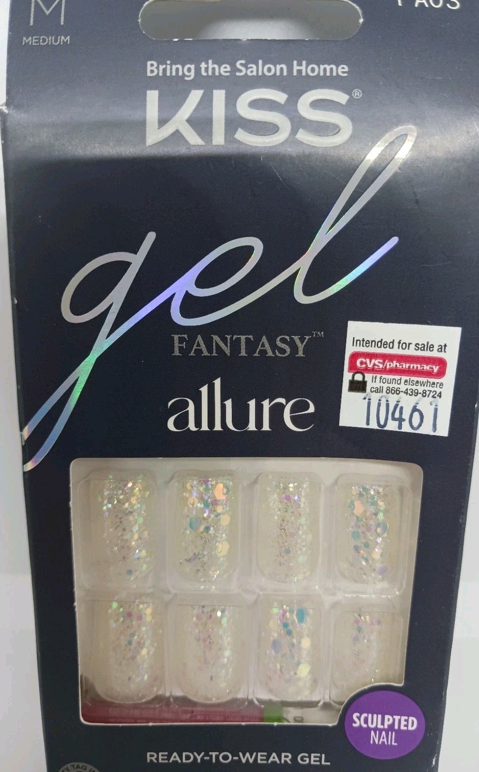 KISS Gel Fantasy Allure glue on nails sculpted l ,clear glitter 28 total medium