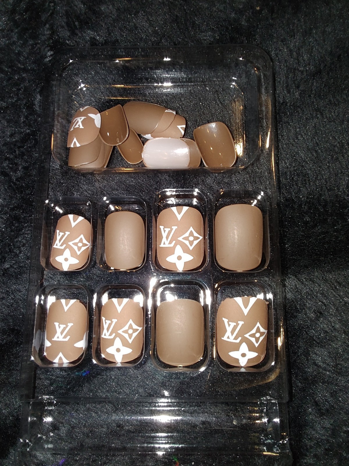 Brown White Logo Print Luxury Press On Nails Designs Short Square Salon Quality