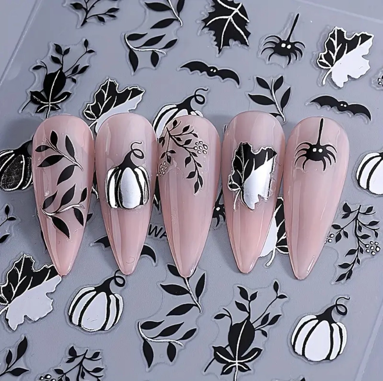 Halloween Nail Art Stickers Pumpkin Spider Bat Leaves Gold Silver DIY SWA128