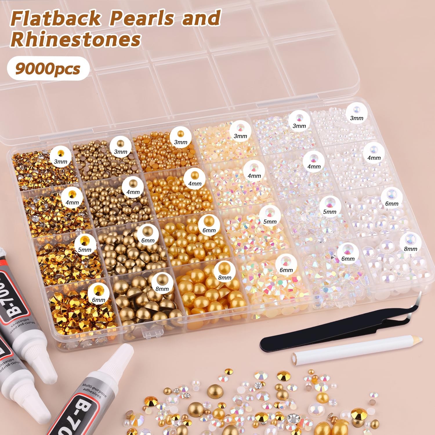 9000PCS Flatback Pearls and Rhinestones for Crafting, White Brown 3-10mm Resi…