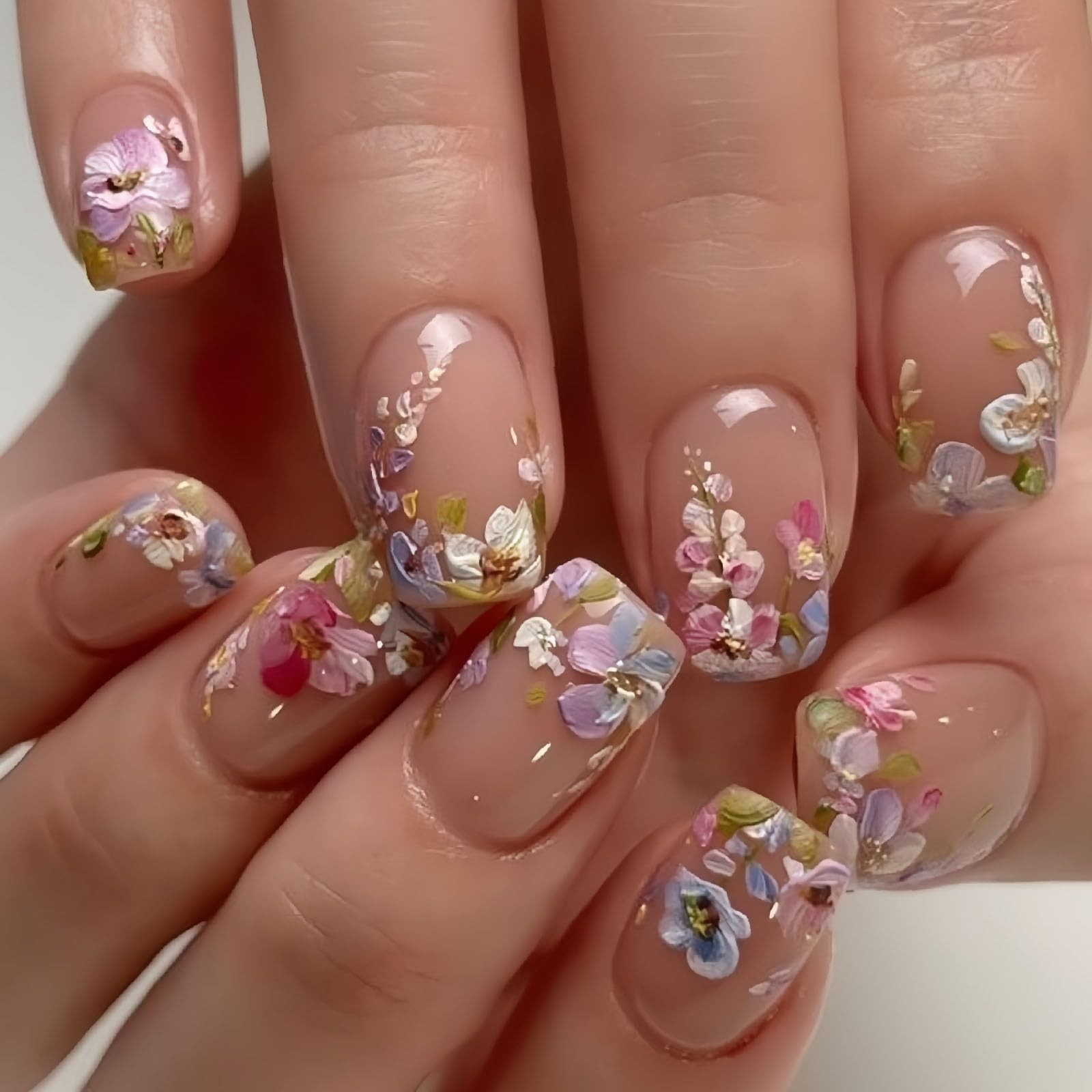 Flower Press on Nails Medium Square Fake with Floral Medium, pink