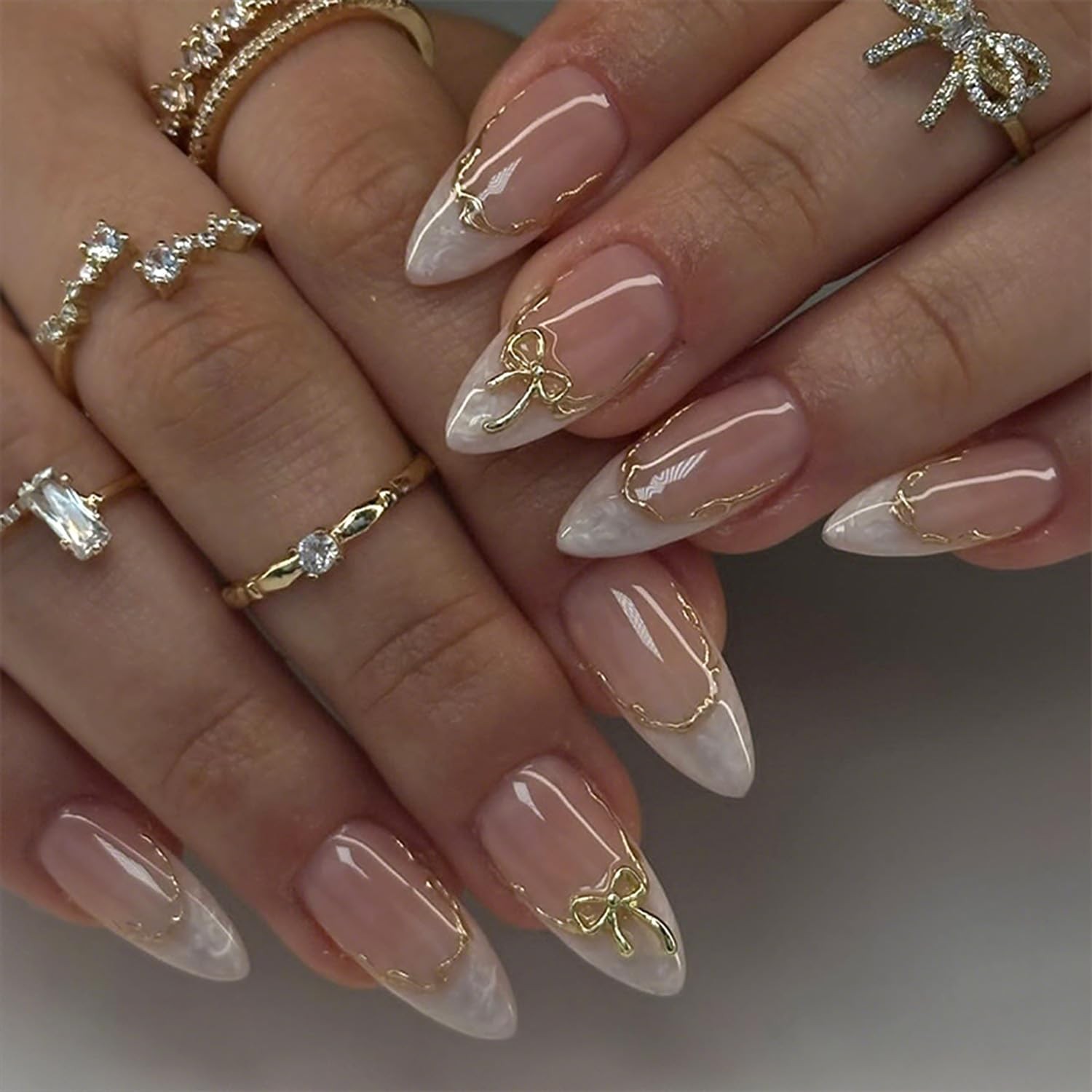 24pcs White French Tip Press on Nails Medium Almond Fake Medium, Multicolor