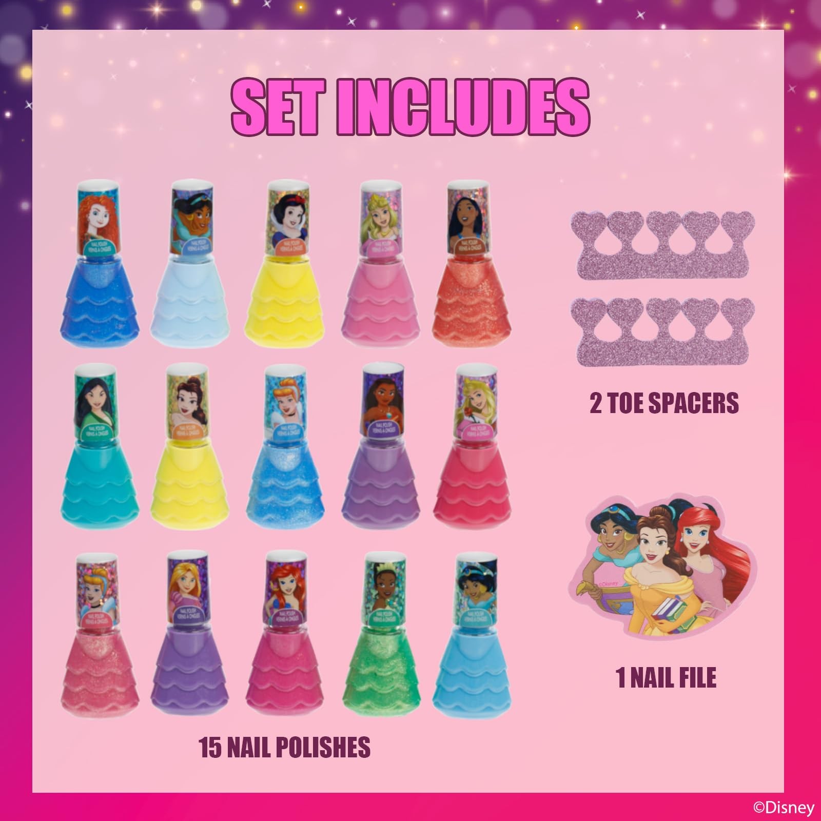 Disney Princess 15 Piece Water-Based Nail 2.25 Fl Oz (Pack of 1), Multicolor