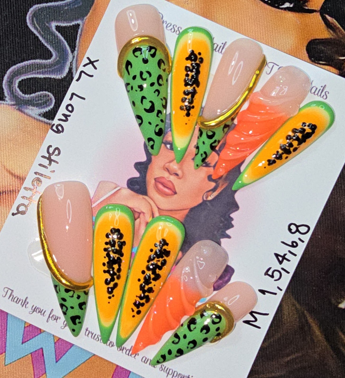 Handmade Gel Press On Nails, Summer Set Medium Size 1,5,4,6,8 XL Long Stiletto