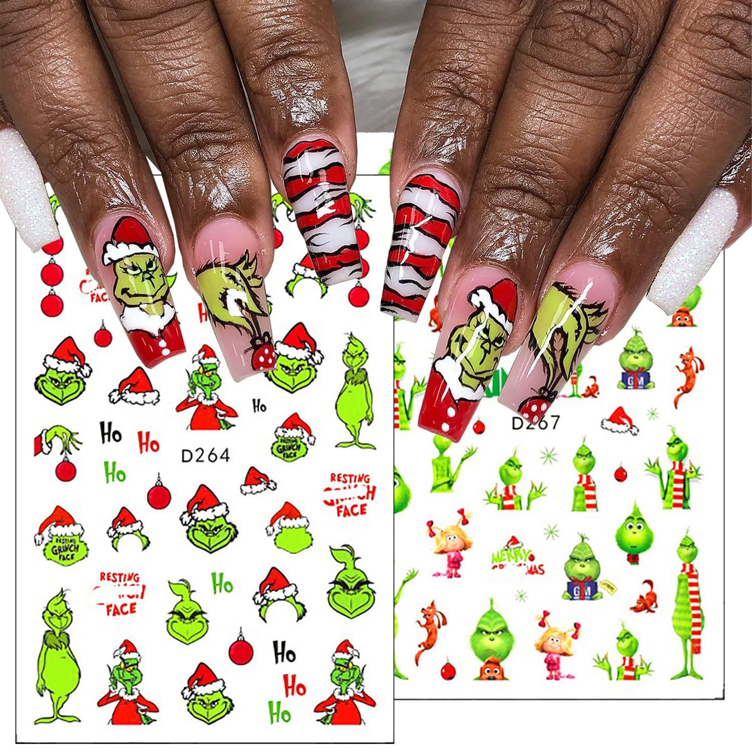 12Sheets Christmas Nail Art Stickers Green Fun Cartoon Santa Claus Designs Na…