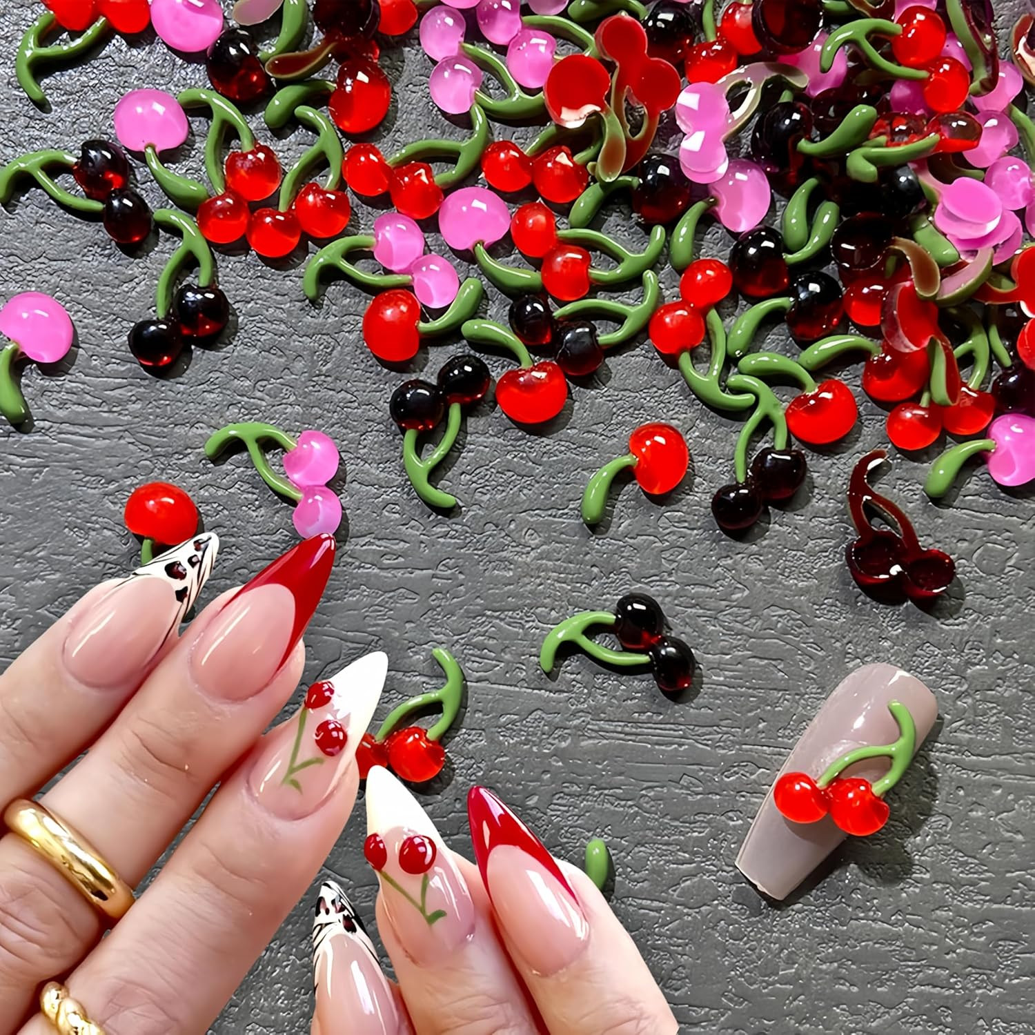 150PCS 3D Cherry Nail Charms and Rhinestones for DIY Nail Art Supplies