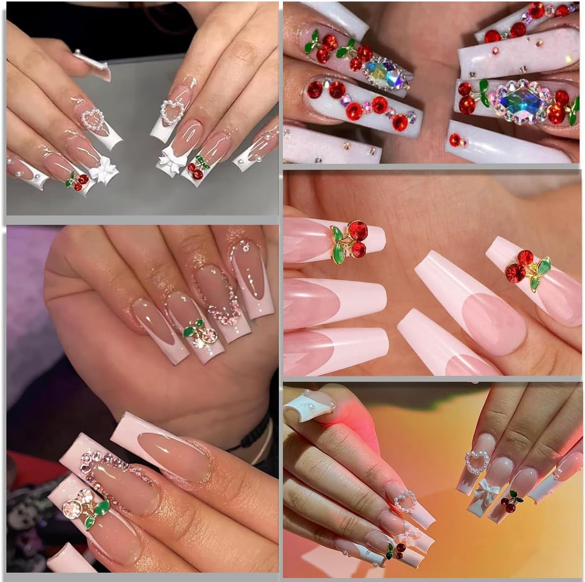 Cherry Nail Charms 3D Rhinestone Nail Art Gems Decorations Acrylic Nails DIY Kit